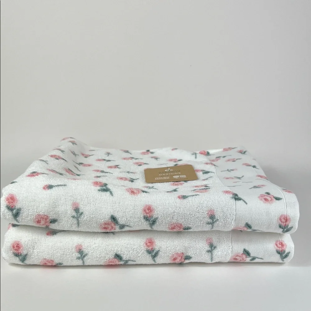 Deborah Connolly Bath Towels White with Pink Rose Floral Cotton Soft 2 Pc NEW